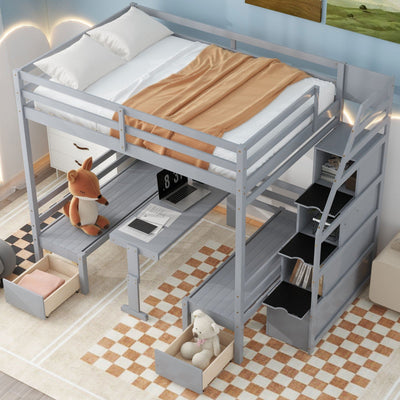 Full Over Full Bunk Bed With Staircase Convertible Down Bed Seats Table