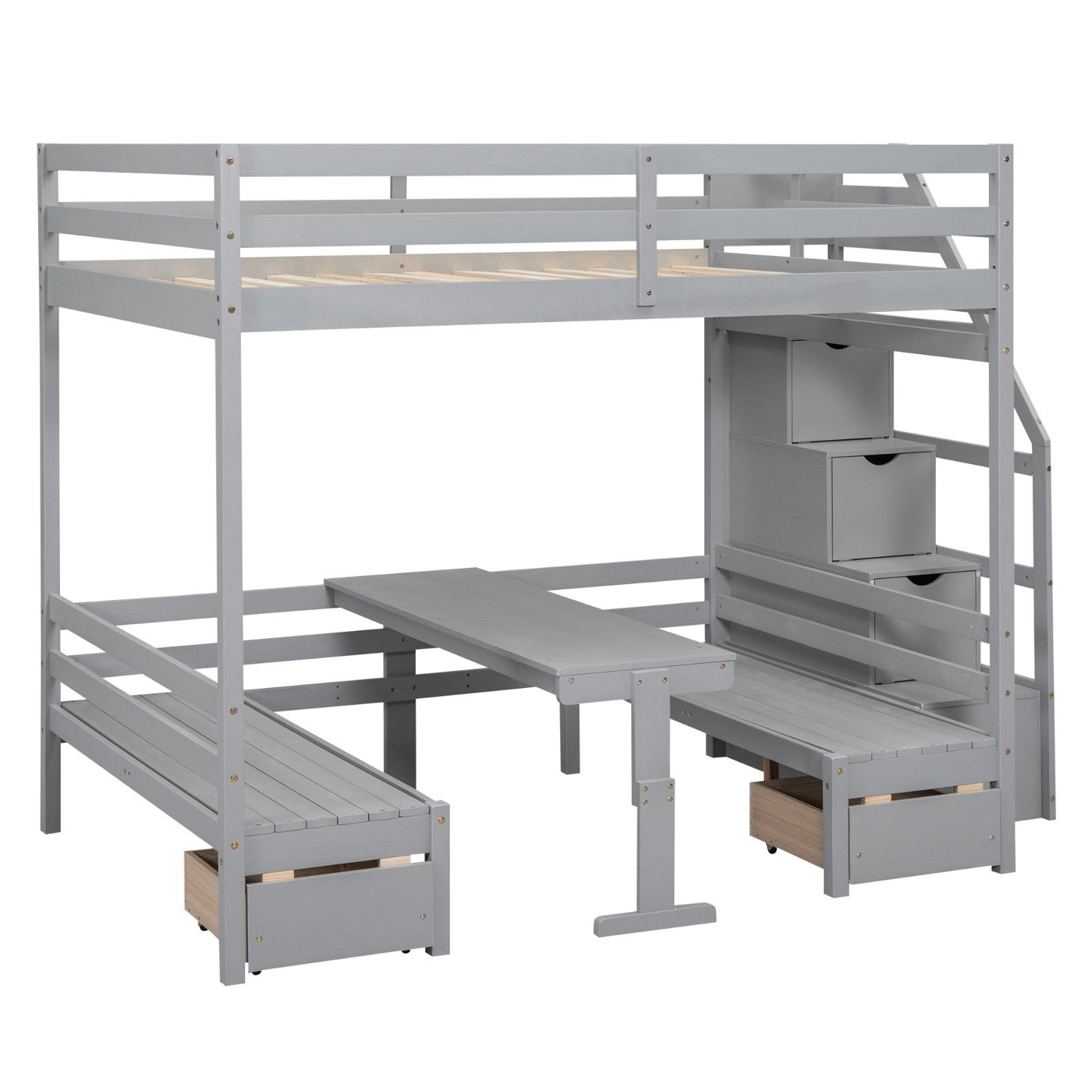 Full Over Full Bunk Bed With Staircase Convertible Down Bed Seats Table