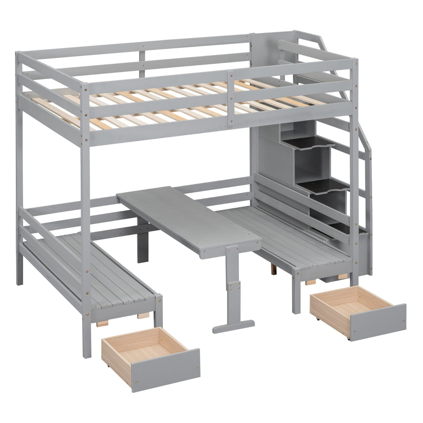 Full Over Full Bunk Bed With Staircase Convertible Down Bed Seats Table