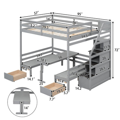 Full Over Full Bunk Bed With Staircase Convertible Down Bed Seats Table