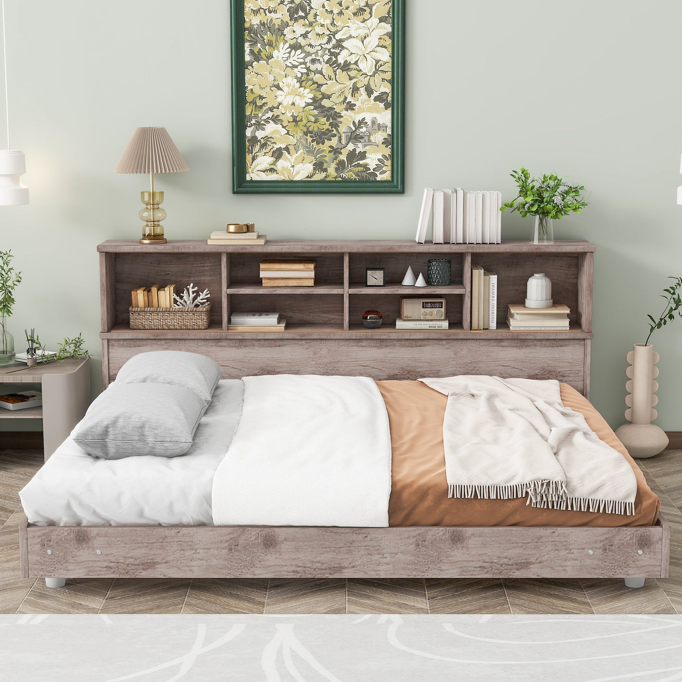 Full Size Daybed Frame With Built-In Bookcase Storage Shelves