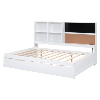 Full Size Daybed With Storage Shelves USB Ports Blackboard Cork Board