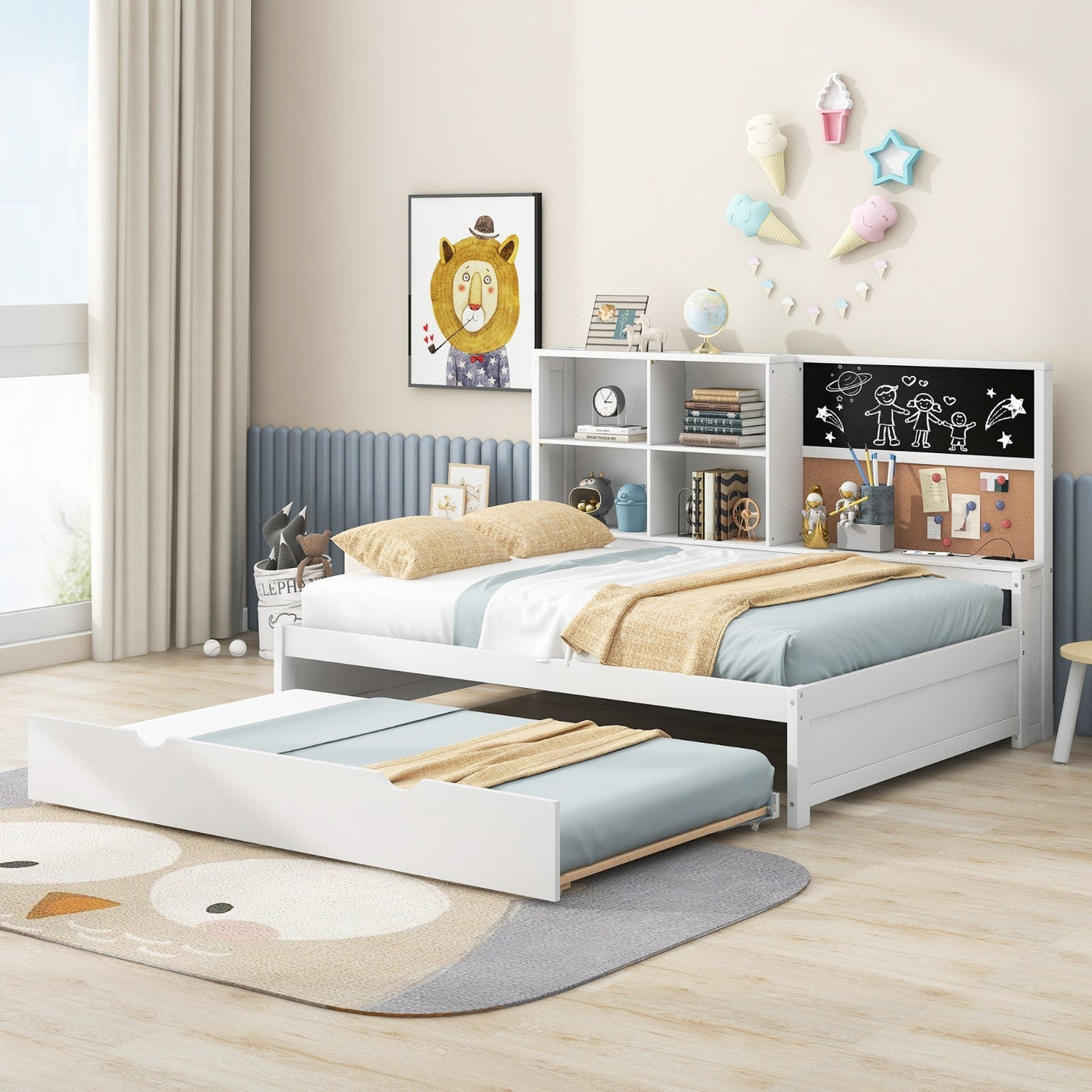 Full Size Daybed With Storage Shelves USB Ports Blackboard Cork Board