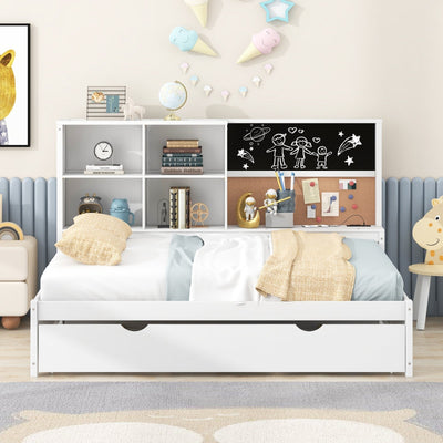 Full Size Daybed With Storage Shelves USB Ports Blackboard Cork Board