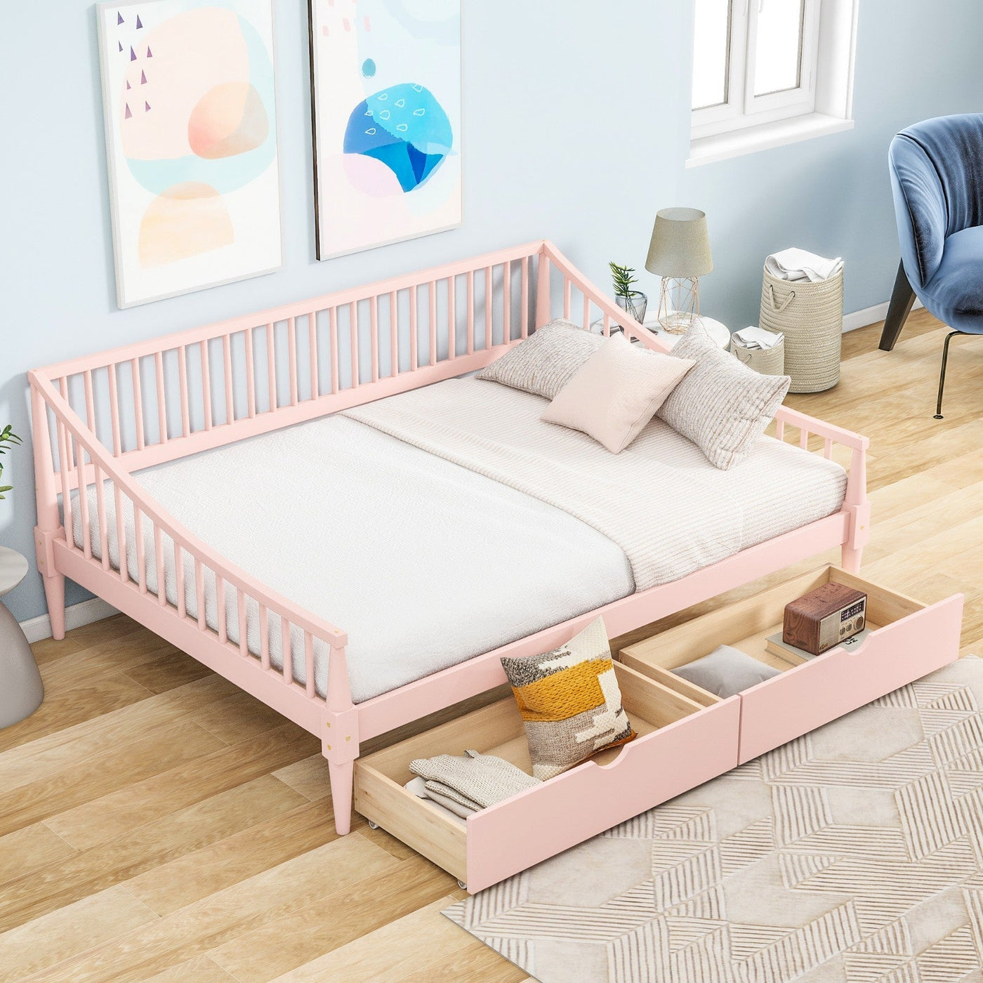 Full-Size Daybed With Storage Drawers And Support Legs Design