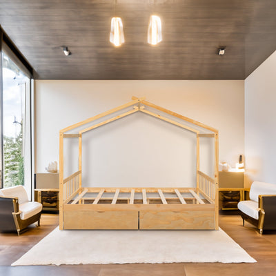 Full-Size House Platform Bed With Drawers Headboard Footboard Design