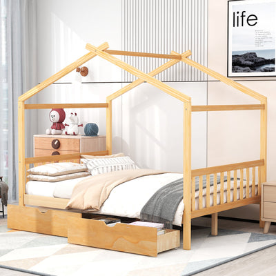 Full-Size House Platform Bed With Drawers Headboard Footboard Design