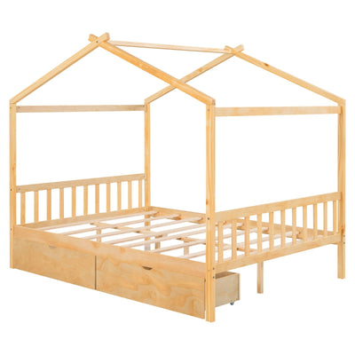 Full-Size House Platform Bed With Drawers Headboard Footboard Design