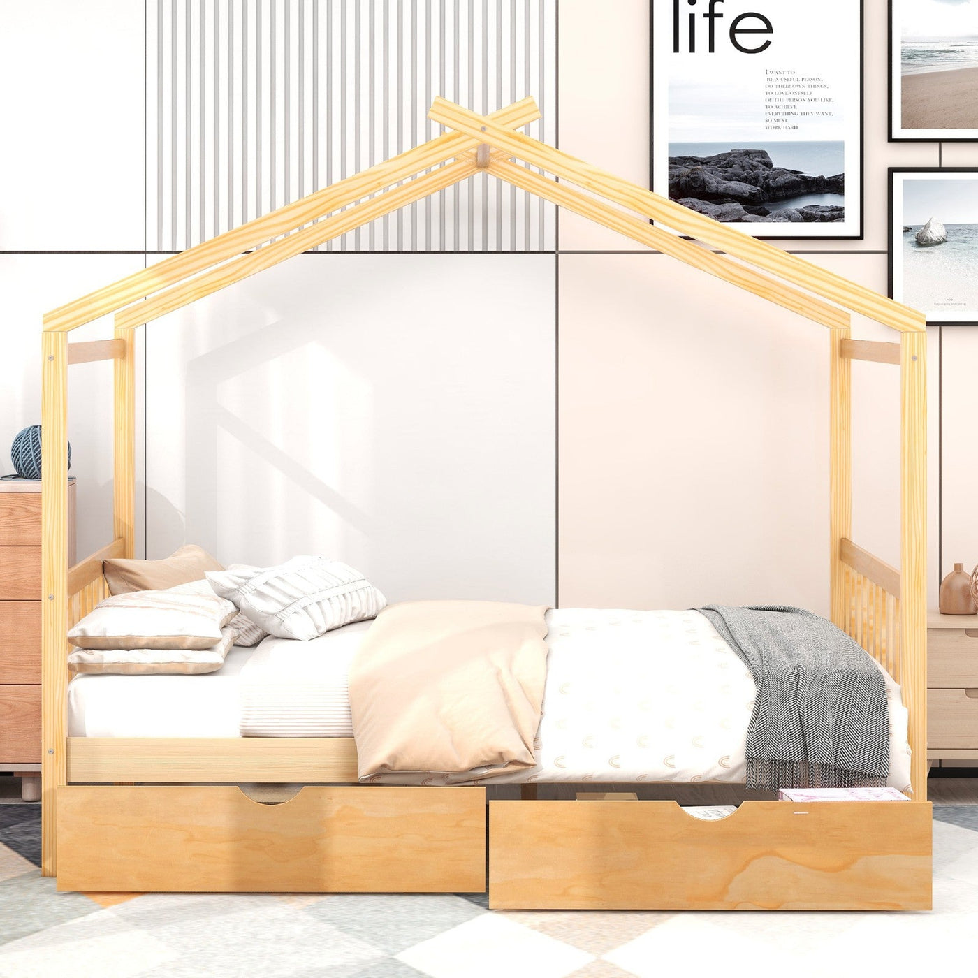 Full-Size House Platform Bed With Drawers Headboard Footboard Design
