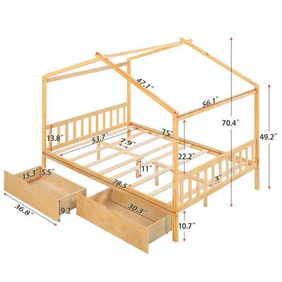 Full-Size House Platform Bed With Drawers Headboard Footboard Design