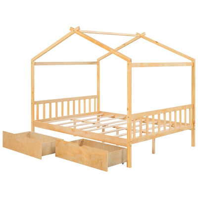 Full-Size House Platform Bed With Drawers Headboard Footboard Design