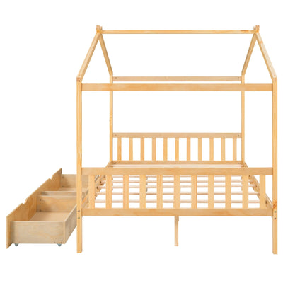 Full-Size House Platform Bed With Drawers Headboard Footboard Design