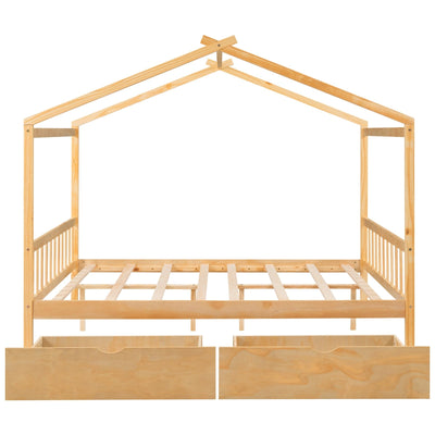 Full-Size House Platform Bed With Drawers Headboard Footboard Design