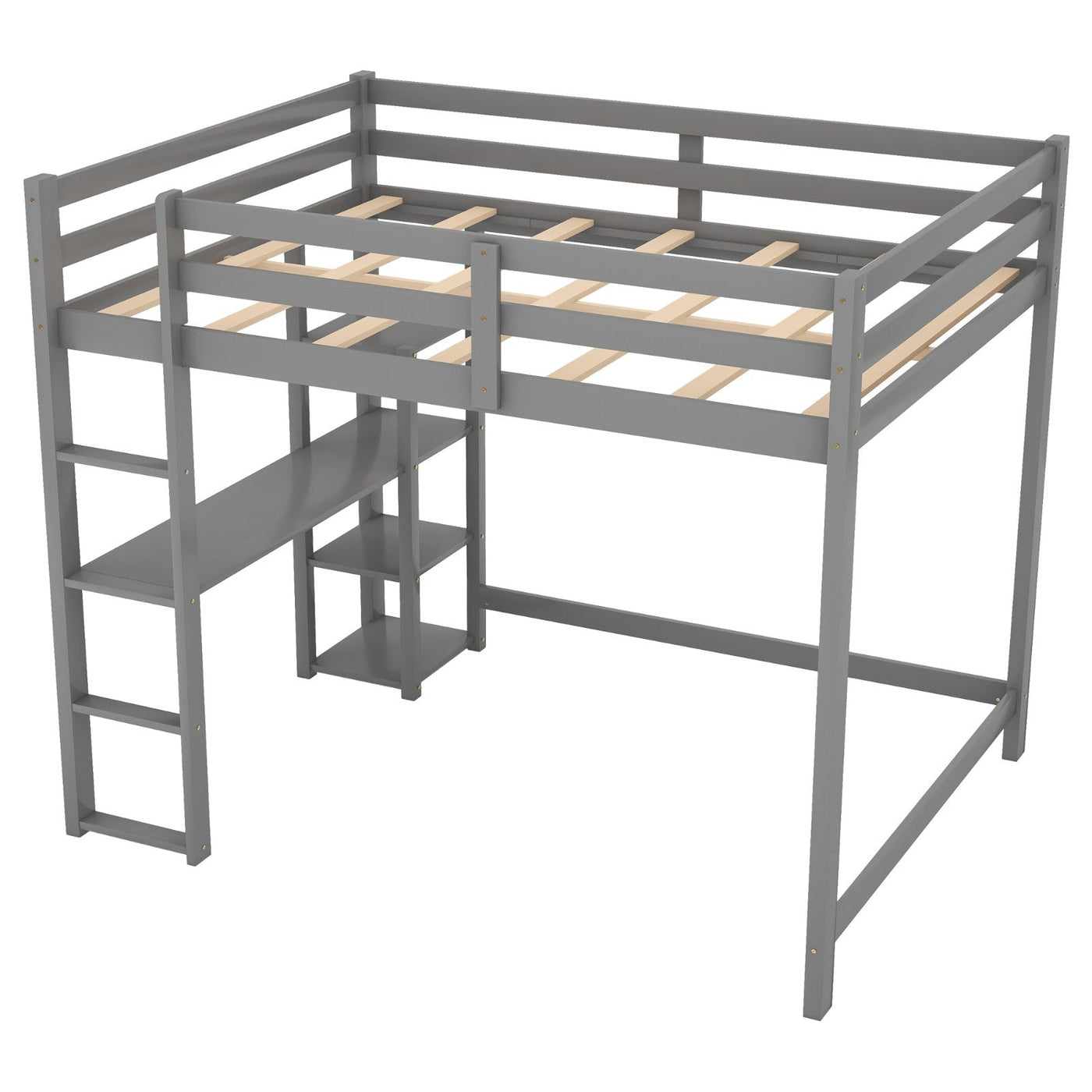 Full Size Loft Bed With Desk And Spacious Shelves