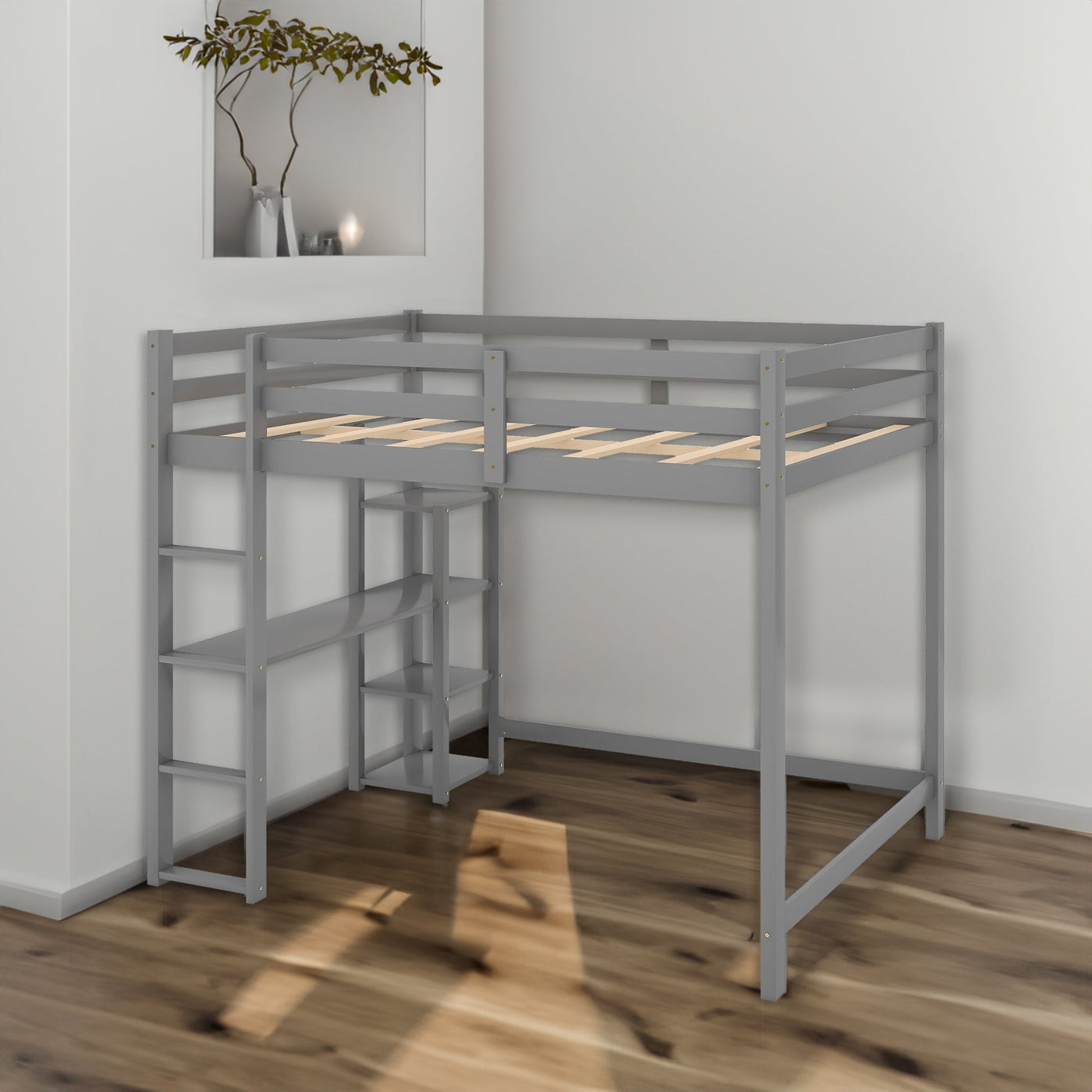 Full Size Loft Bed With Desk And Spacious Shelves