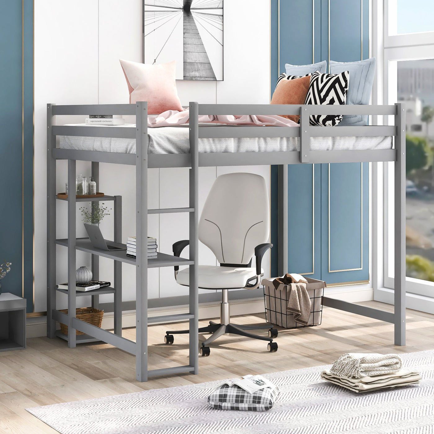 Full Size Loft Bed With Desk And Spacious Shelves