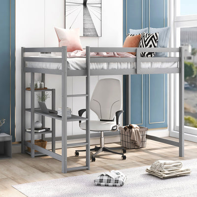Full Size Loft Bed With Desk And Spacious Shelves