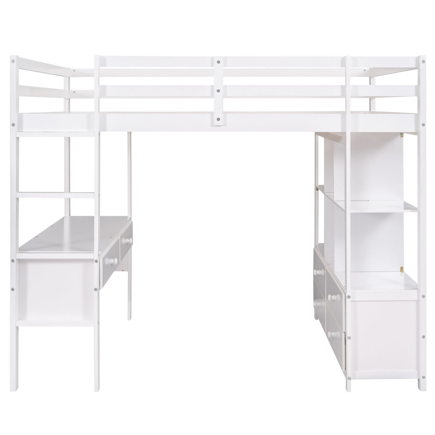 Full Size Loft Bed With Desk Drawers And Storage Shelves
