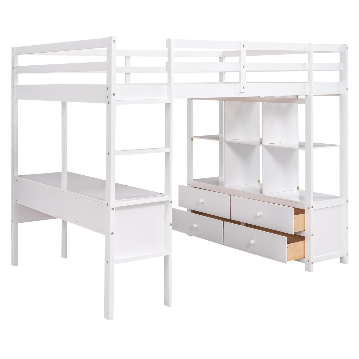 Full Size Loft Bed With Desk Drawers And Storage Shelves