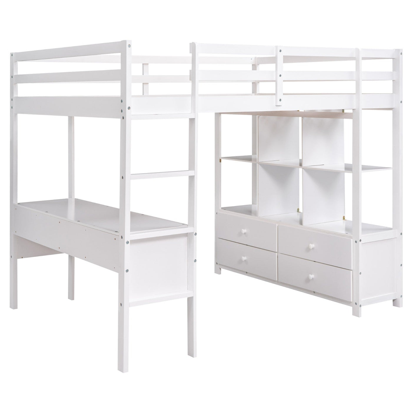 Full Size Loft Bed With Desk Drawers And Storage Shelves