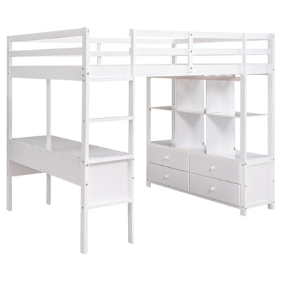 Full Size Loft Bed With Desk Drawers And Storage Shelves