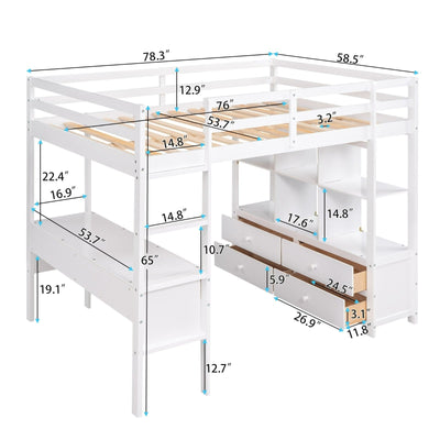 Full Size Loft Bed With Desk Drawers And Storage Shelves