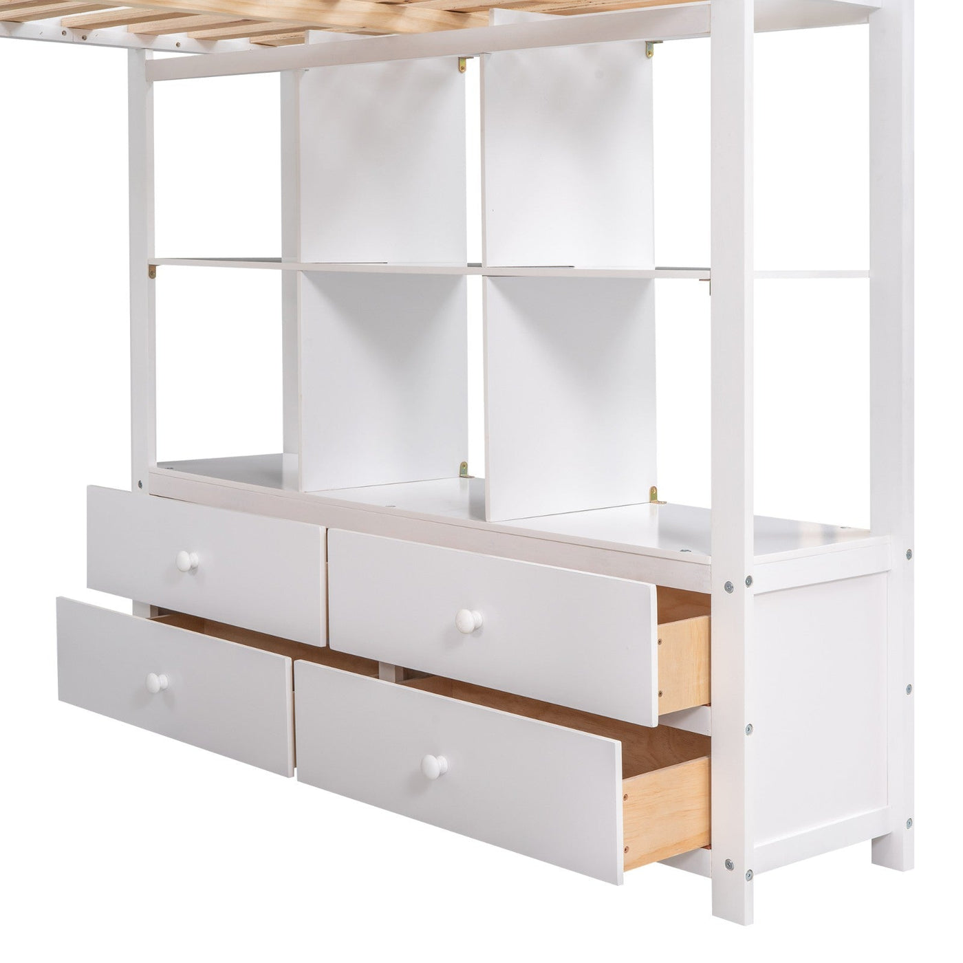 Full Size Loft Bed With Desk Drawers And Storage Shelves