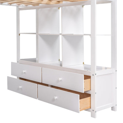 Full Size Loft Bed With Desk Drawers And Storage Shelves