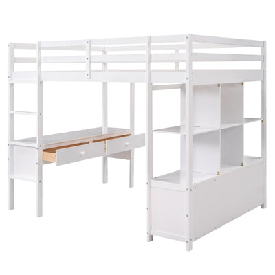 Full Size Loft Bed With Desk Drawers And Storage Shelves