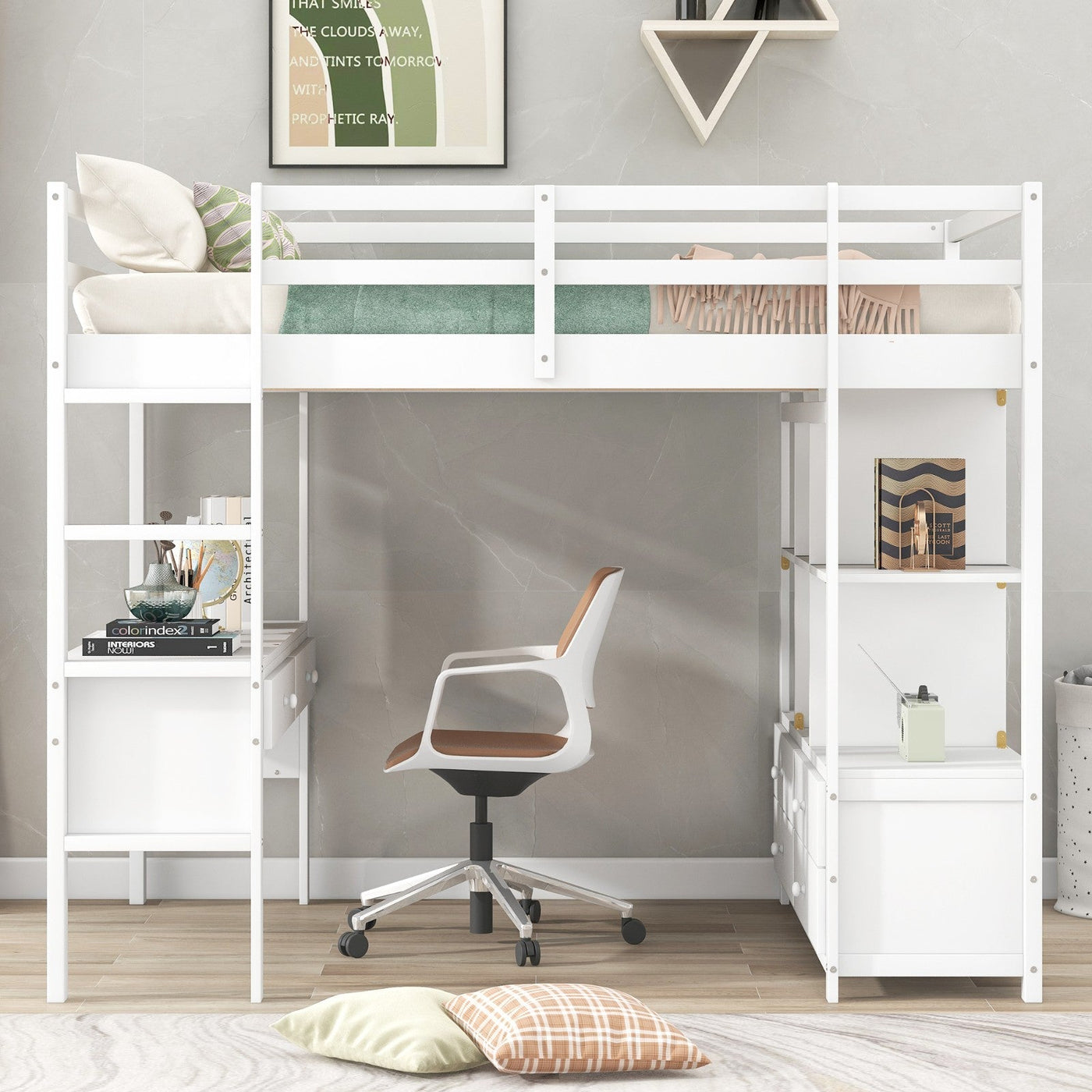 Full Size Loft Bed With Desk Drawers And Storage Shelves