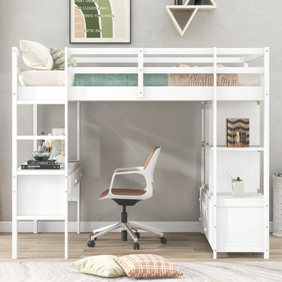 Full Size Loft Bed With Desk Drawers And Storage Shelves