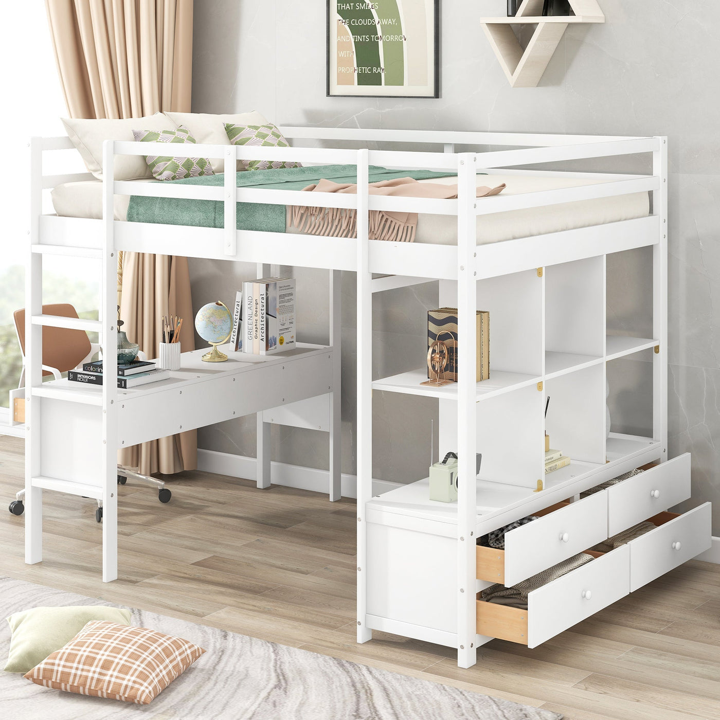 Full Size Loft Bed With Desk Drawers And Storage Shelves