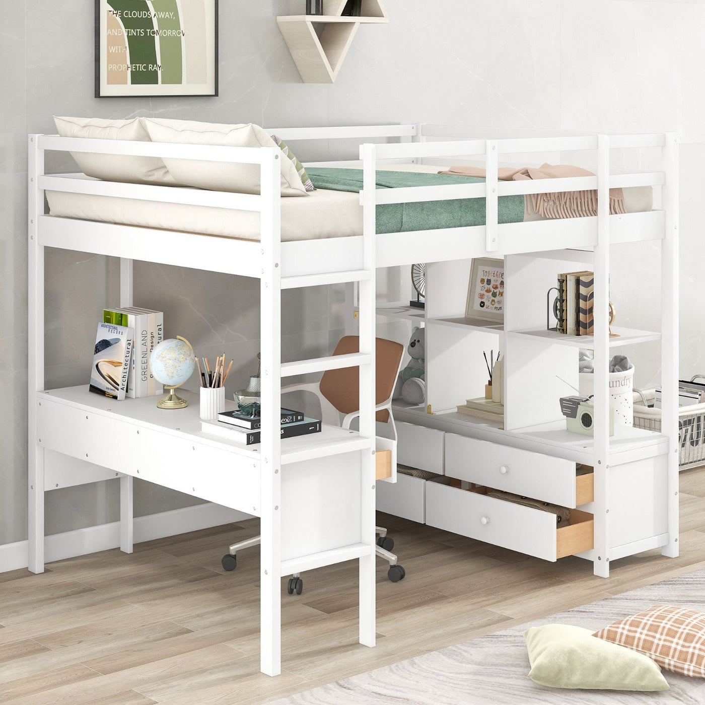 Full Size Loft Bed With Desk Drawers And Storage Shelves