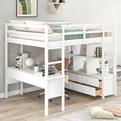 Full Size Loft Bed With Desk Drawers And Storage Shelves