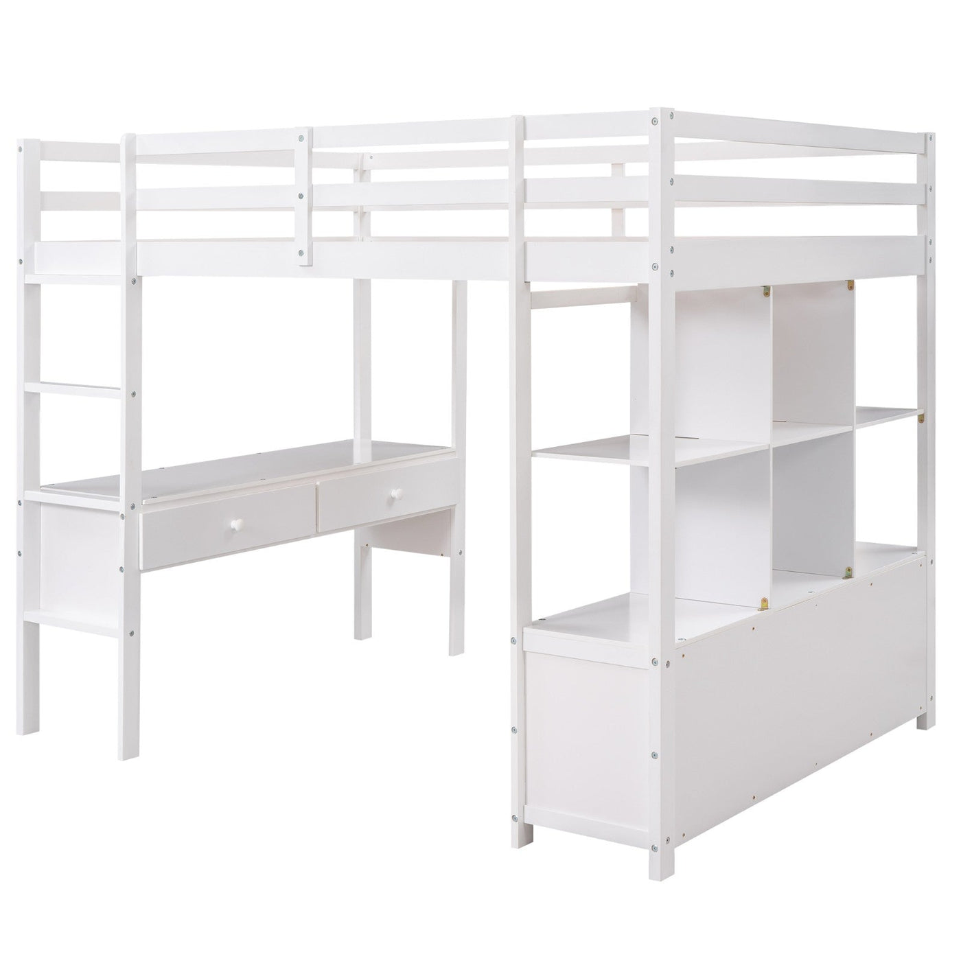 Full Size Loft Bed With Desk Drawers And Storage Shelves