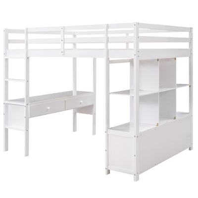 Full Size Loft Bed With Desk Drawers And Storage Shelves