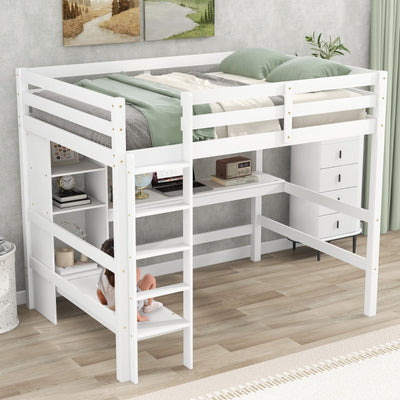 Full Size Loft Bed With Shelves And Under Bed Desk Space