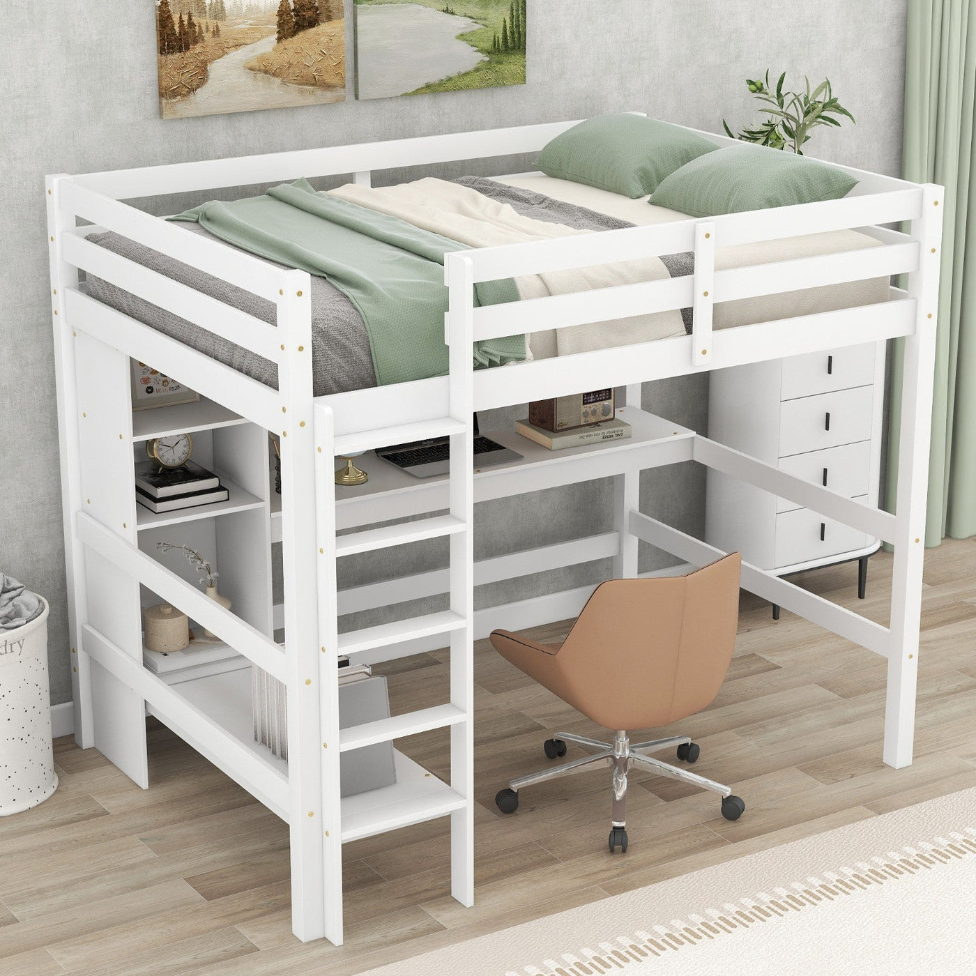 Full Size Loft Bed With Shelves And Under Bed Desk Space