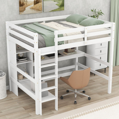 Full Size Loft Bed With Shelves And Under Bed Desk Space