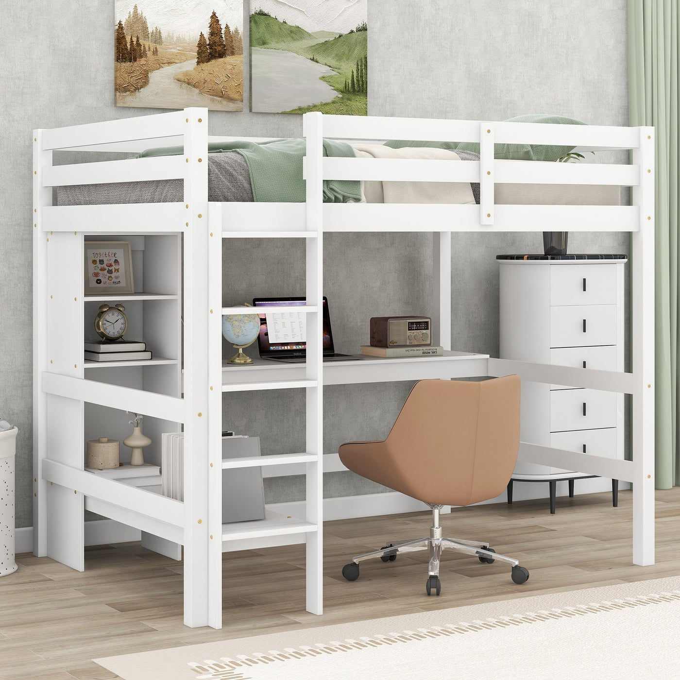 Full Size Loft Bed With Shelves And Under Bed Desk Space