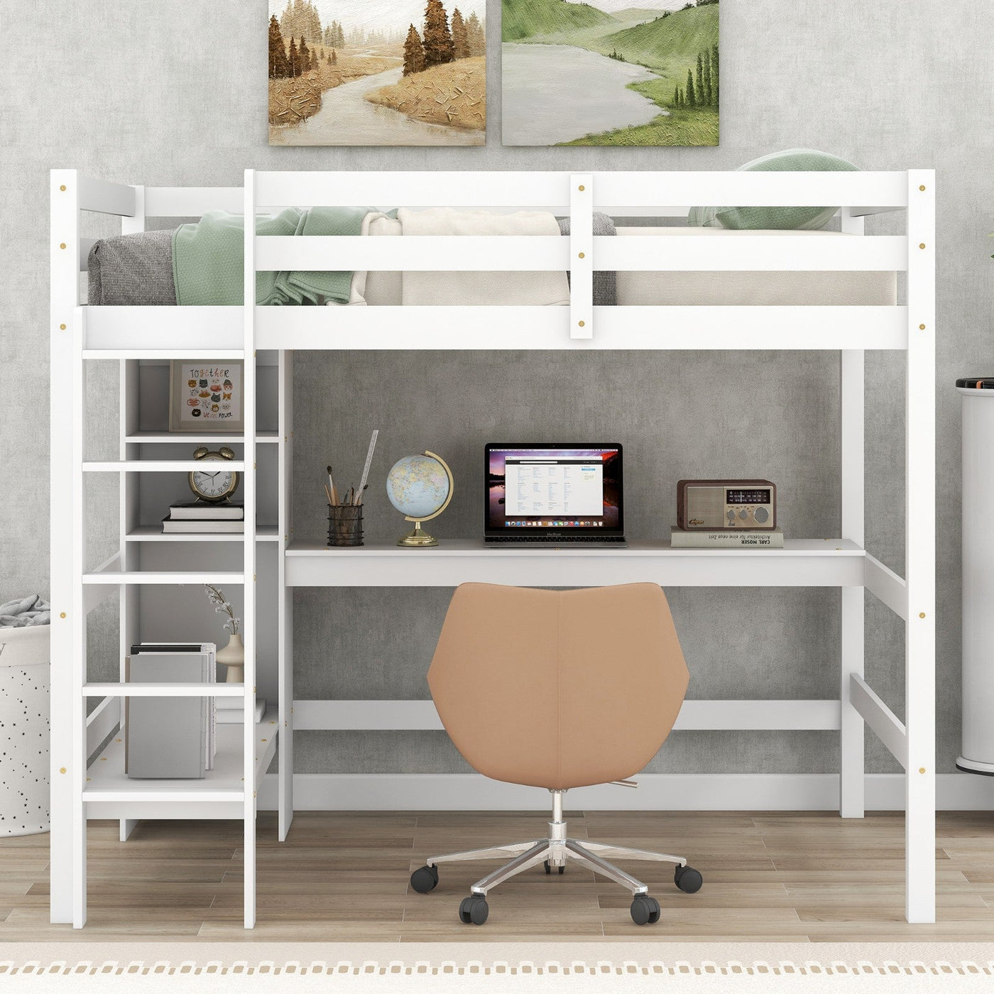 Full Size Loft Bed With Shelves And Under Bed Desk Space