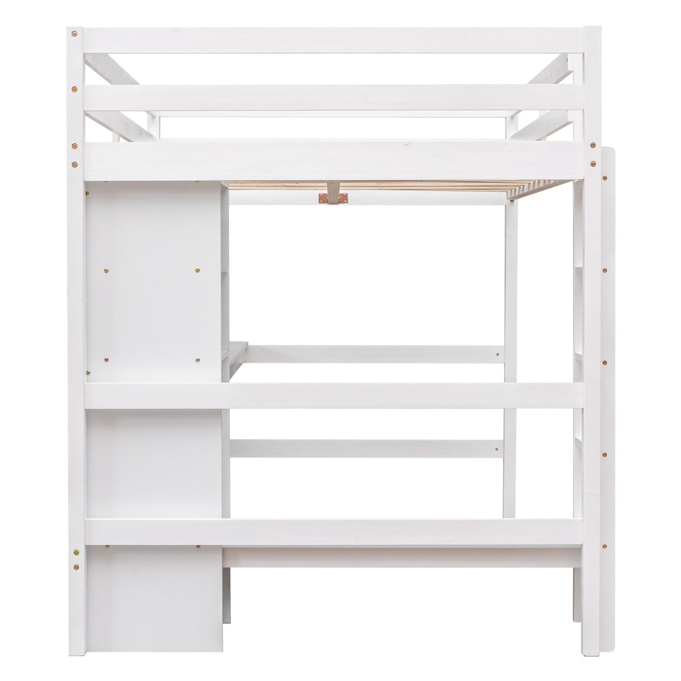 Full Size Loft Bed With Shelves And Under Bed Desk Space