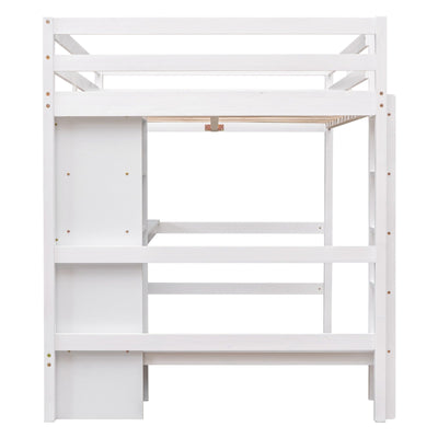 Full Size Loft Bed With Shelves And Under Bed Desk Space
