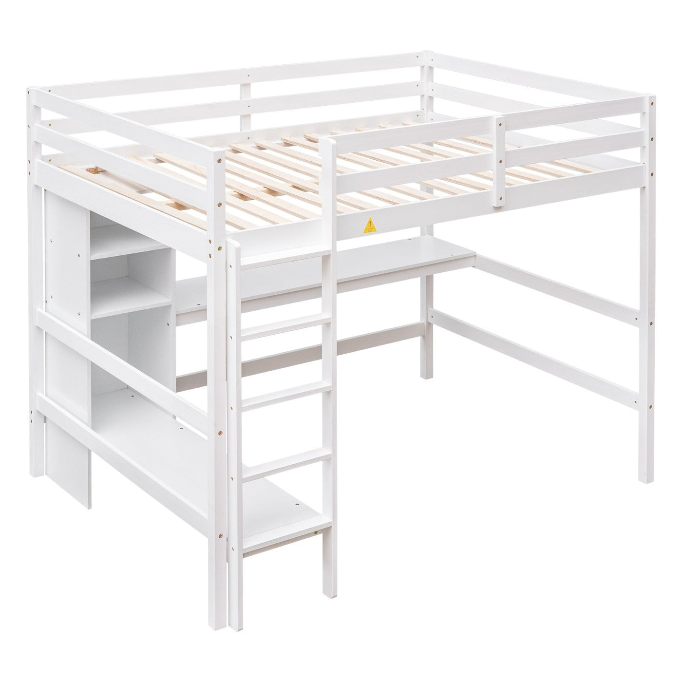 Full Size Loft Bed With Shelves And Under Bed Desk Space