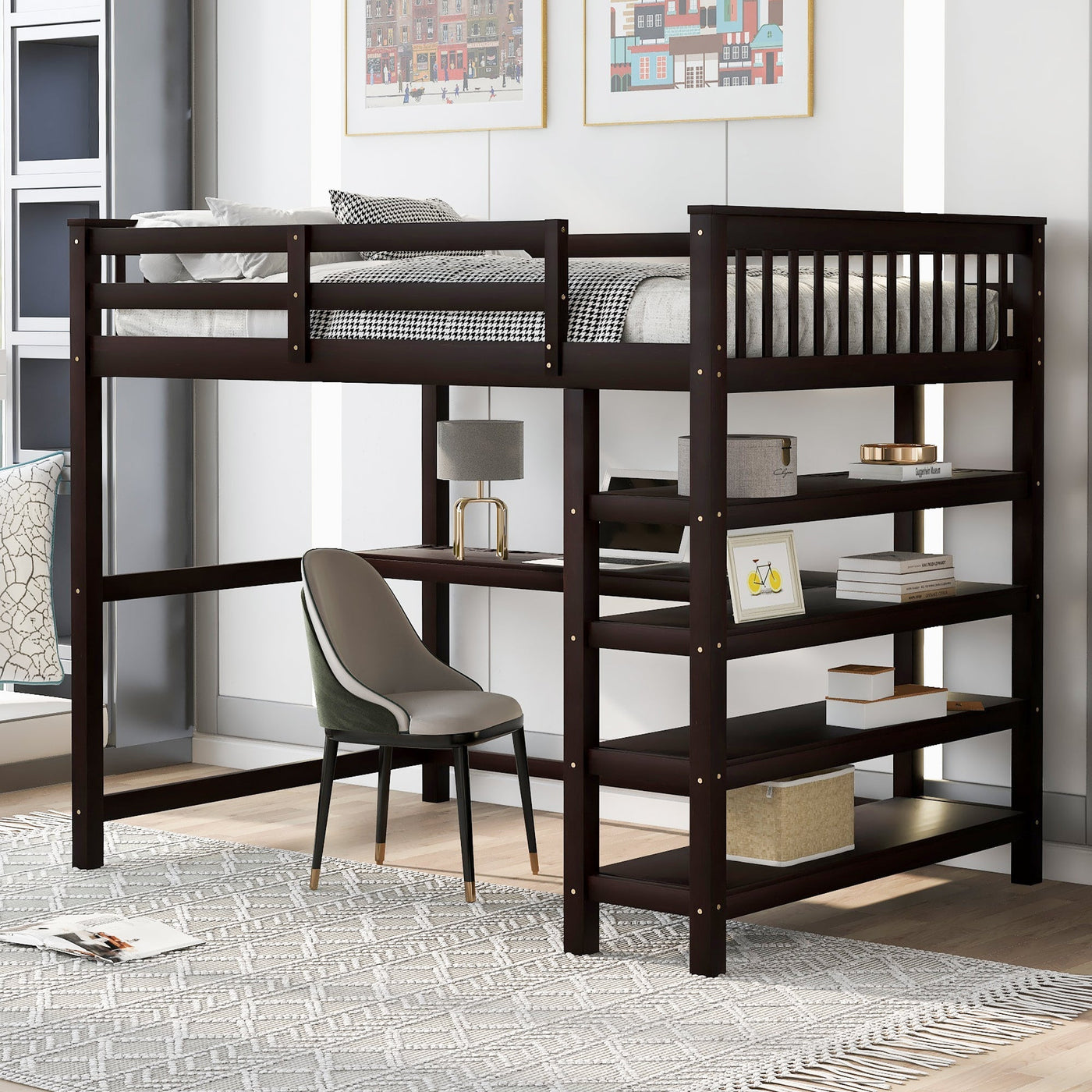 Full Size Loft Bed With Desk Storage Shelves And Workspace