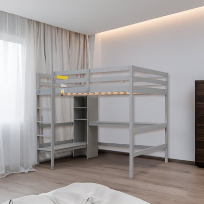 Full Size Loft Bed With Desk And Multifunctional Shelving