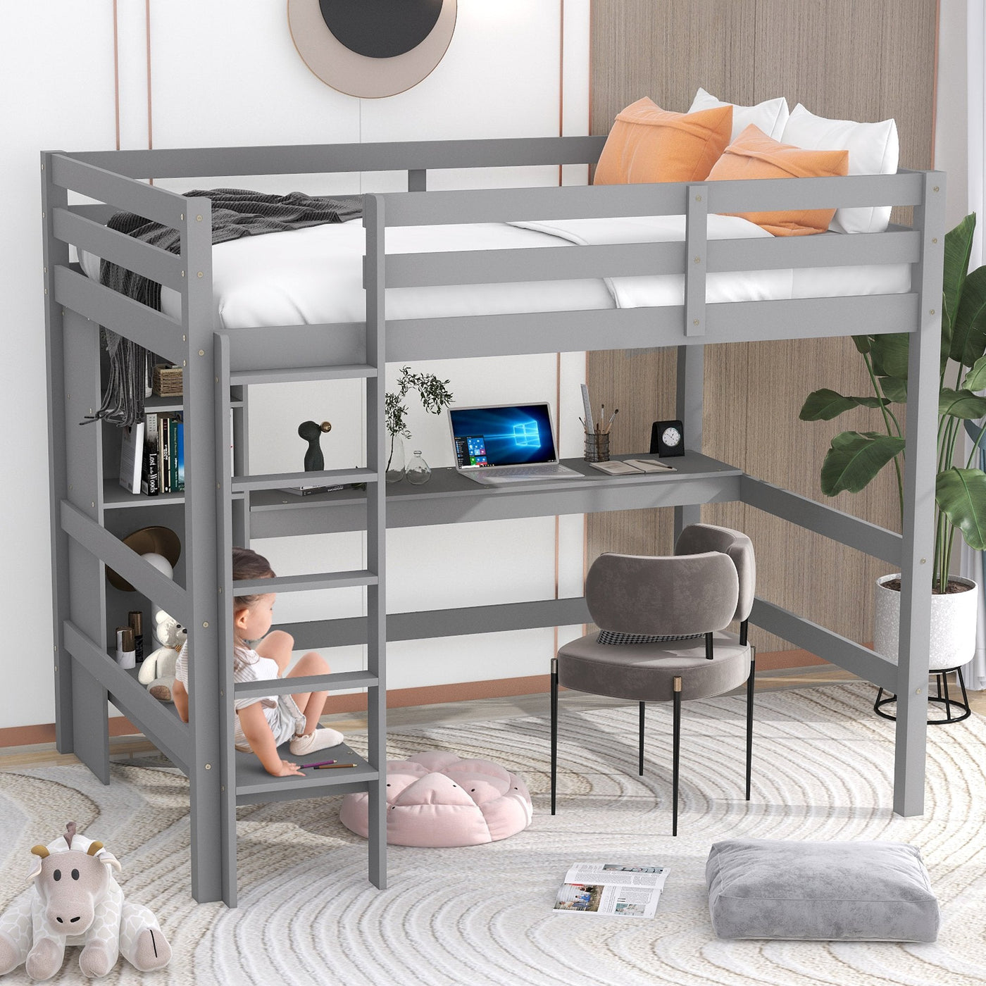Full Size Loft Bed With Desk And Multifunctional Shelving