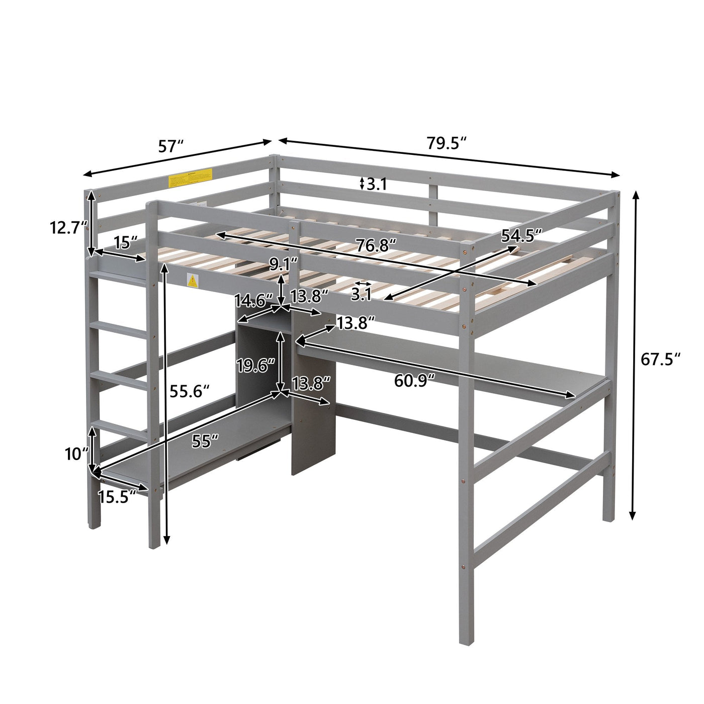Full Size Loft Bed With Desk And Multifunctional Shelving