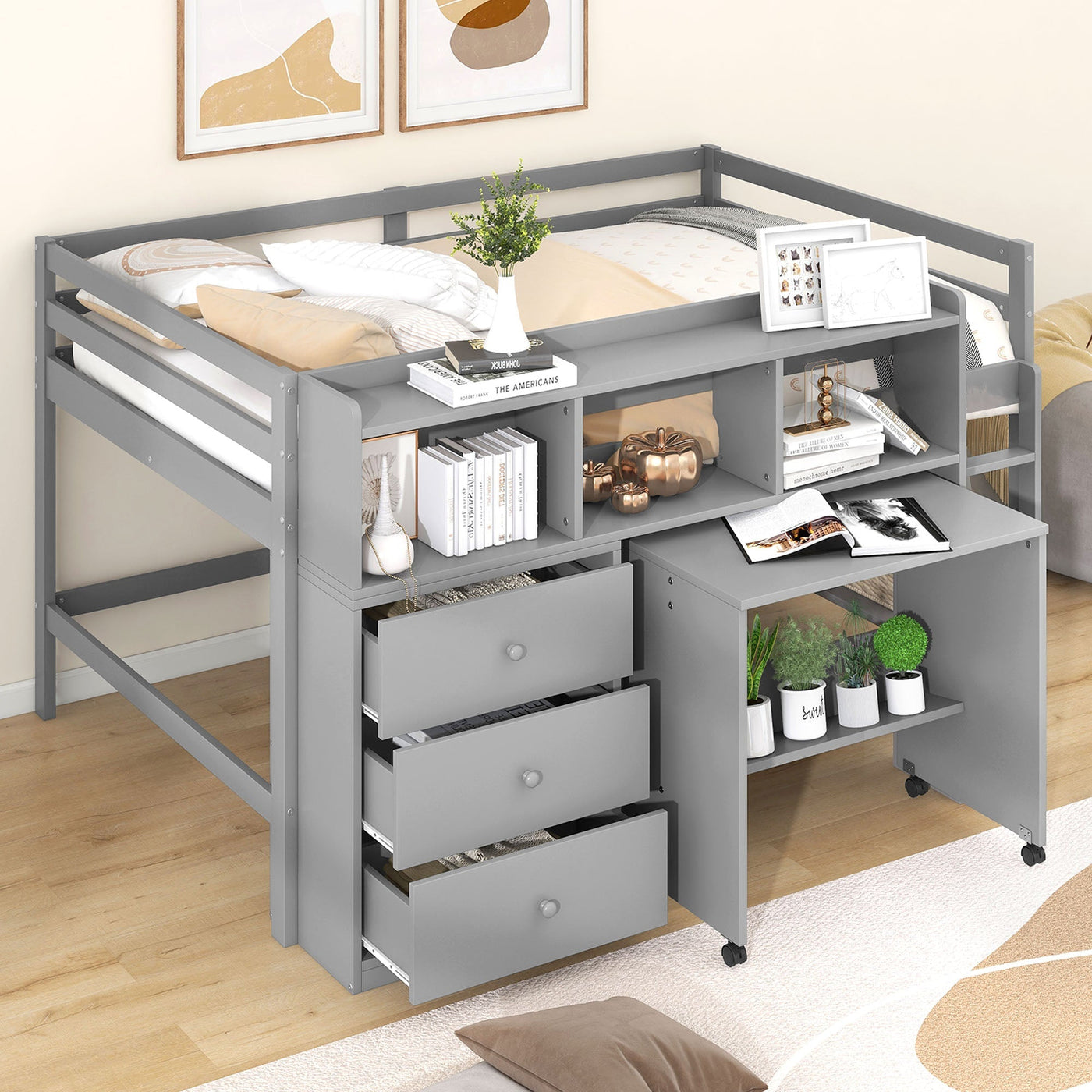 Full Size Low Loft Bed With Rolling Desk Drawers And Shelves
