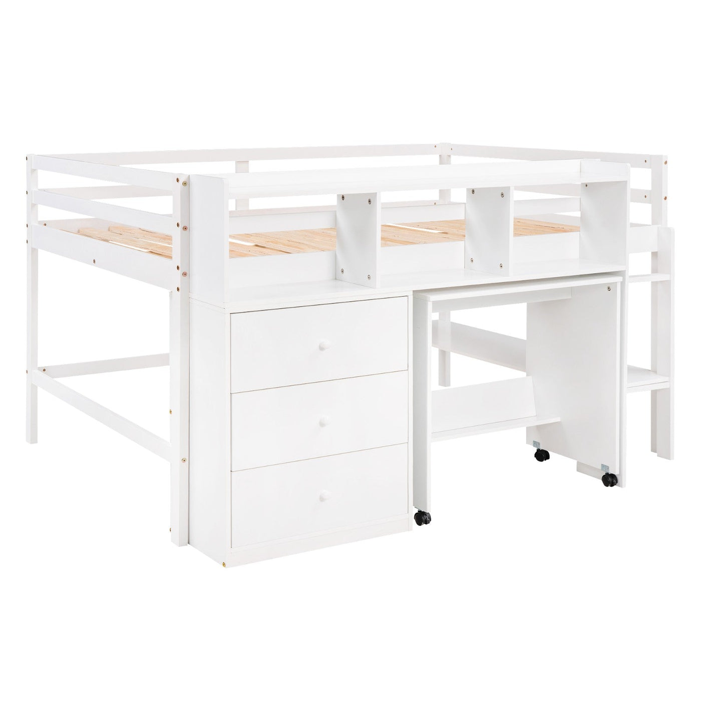 Full Size Low Loft Bed With Rolling Desk Drawers And Shelves